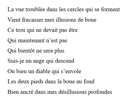 La vue troublée dans les cercles qui se forment
Vient fracasser mes illusions de boue
Ce trou qui ne devait pas être
Qui maintenant n’est pas
Qui bientôt ne sera plus
Suis-je un ange qui descend
Ou bien un diable qui s’envole
Les deux pieds dans la boue au fond
Bien ancré dans mes désillusions profondes